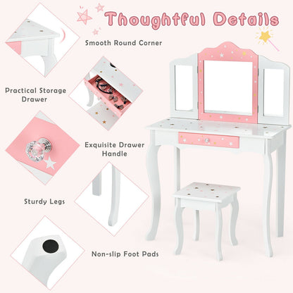 Kids Princess Vanity Table and Stool Set with Tri-folding Mirror and Drawer, White Kids Vanities   at Gallery Canada