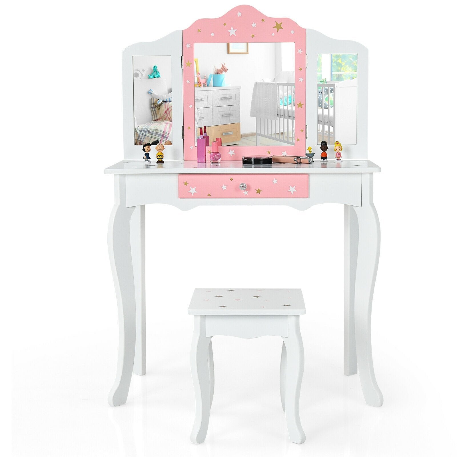 Kids Princess Vanity Table and Stool Set with Tri-folding Mirror and Drawer, White Kids Vanities   at Gallery Canada