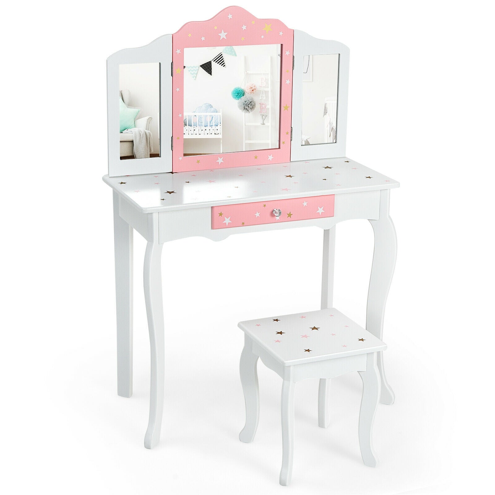 Kids Princess Vanity Table and Stool Set with Tri-folding Mirror and Drawer, White Kids Vanities at Gallery Canada