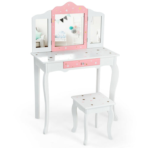 Kids Princess Vanity Table and Stool Set with Tri-folding Mirror and Drawer, White