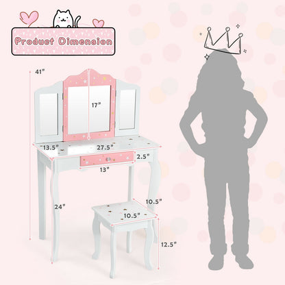 Kids Princess Vanity Table and Stool Set with Tri-folding Mirror and Drawer, White - Gallery Canada