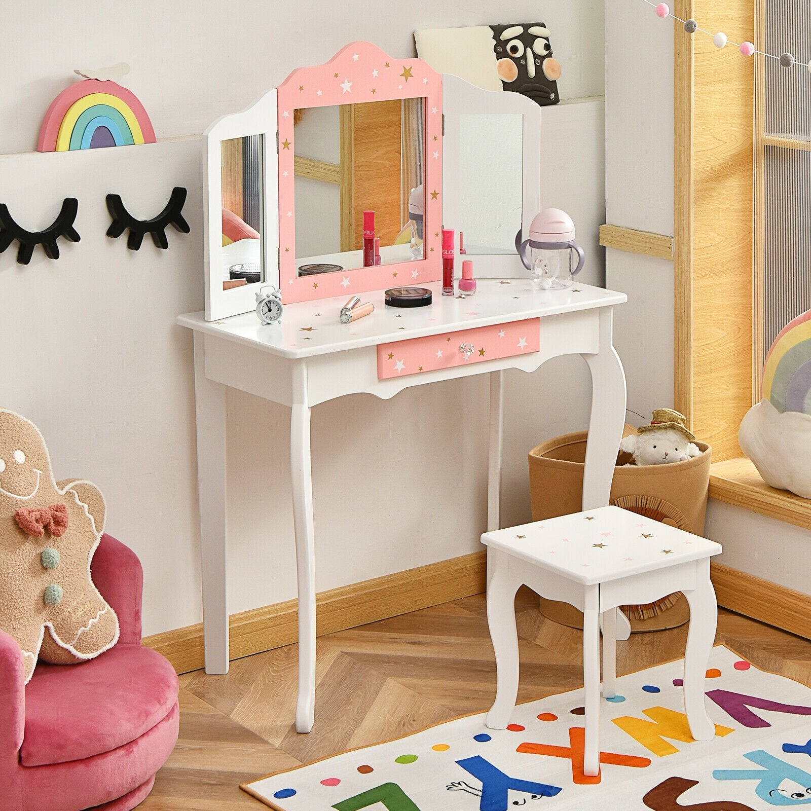 Kids Princess Vanity Table and Stool Set with Tri-folding Mirror and Drawer, White Kids Vanities   at Gallery Canada