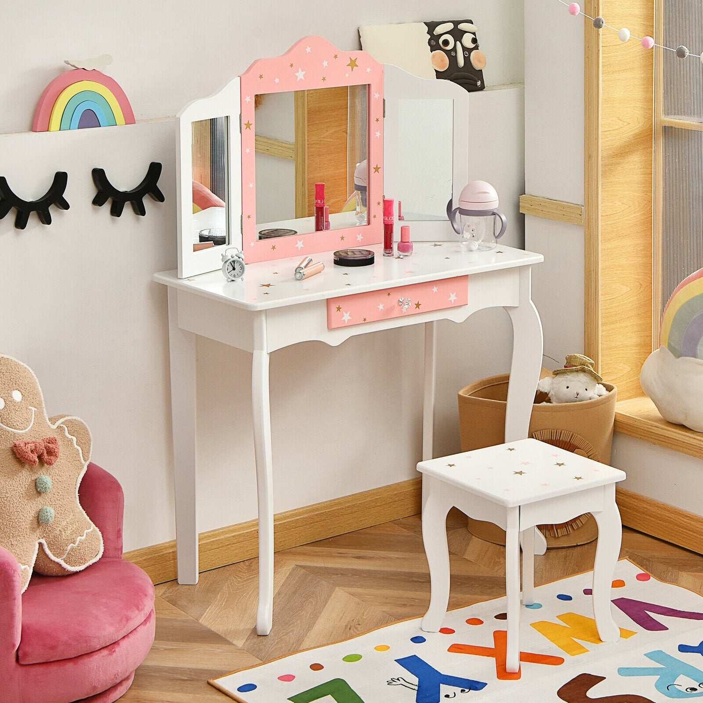 Kids Princess Vanity Table and Stool Set with Tri-folding Mirror and Drawer, White - Gallery Canada