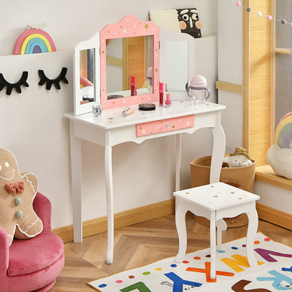 Kids Princess Vanity Table and Stool Set with Tri-folding Mirror and Drawer, White - Gallery Canada