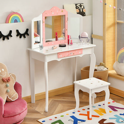 Kids Princess Vanity Table and Stool Set with Tri-folding Mirror and Drawer, White Kids Vanities   at Gallery Canada