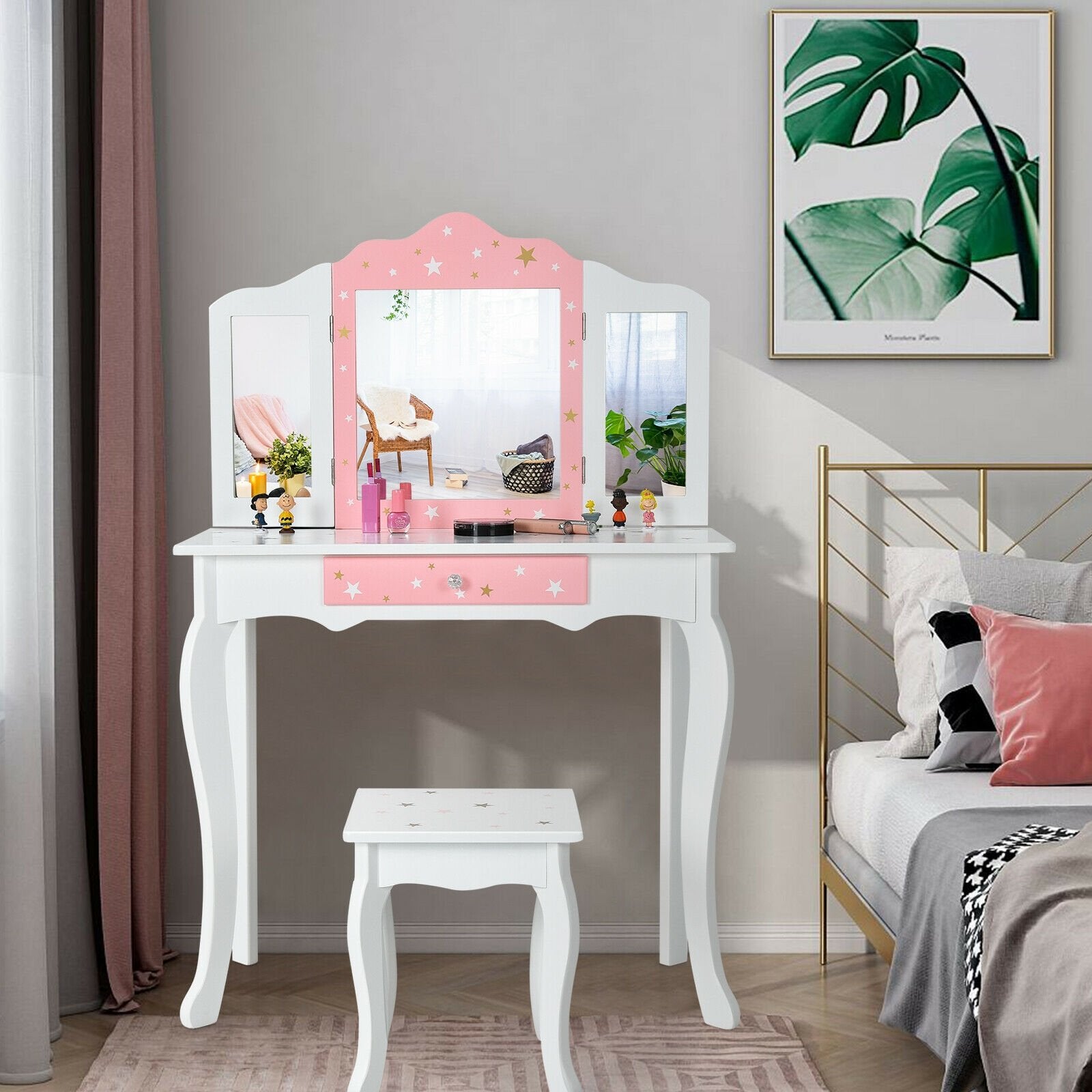 Kids Princess Vanity Table and Stool Set with Tri-folding Mirror and Drawer, White Kids Vanities   at Gallery Canada