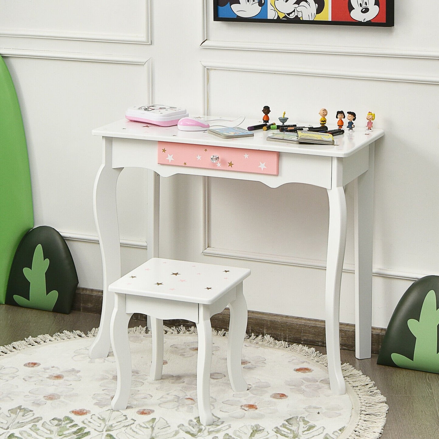 Kids Princess Vanity Table and Stool Set with Tri-folding Mirror and Drawer, White - Gallery Canada