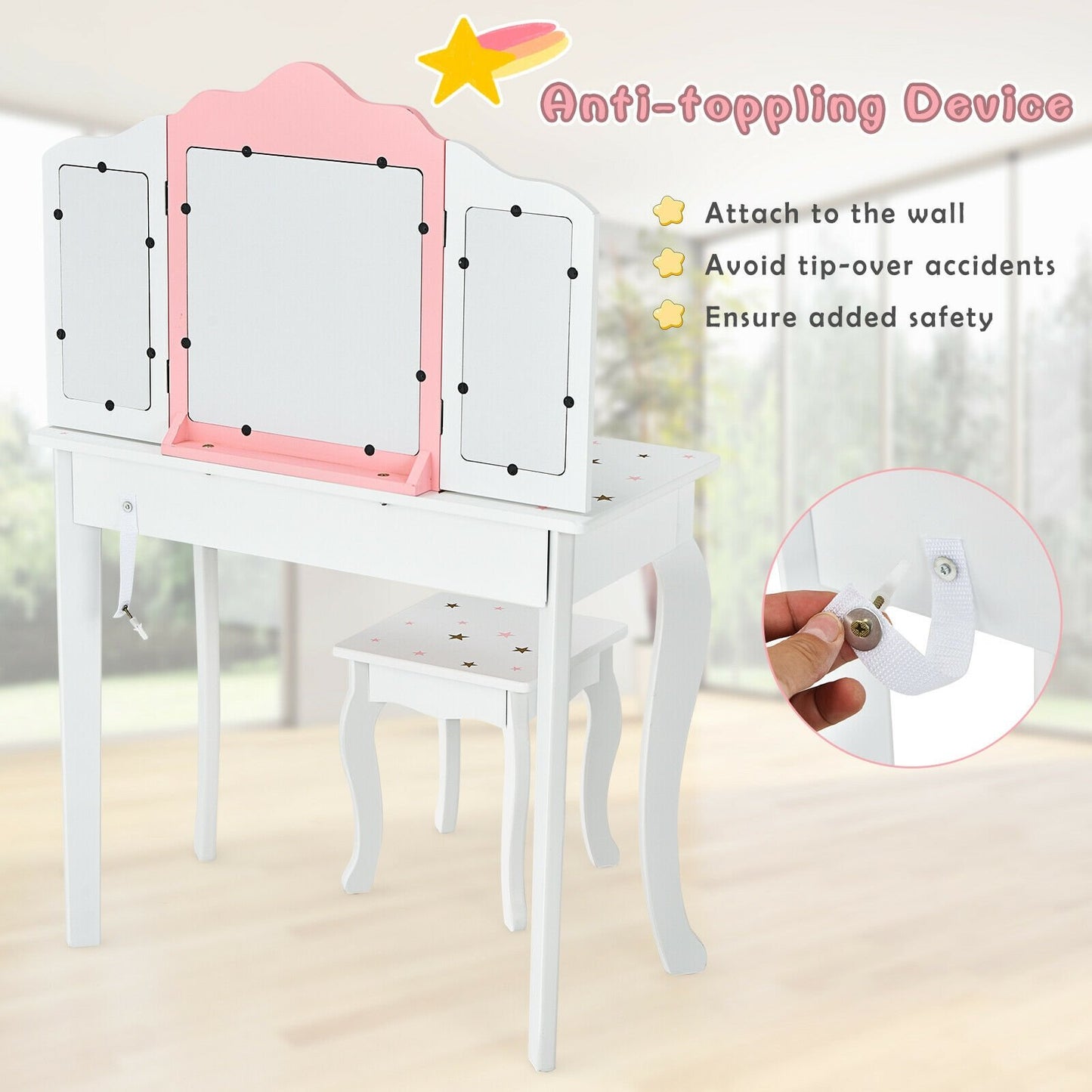 Kids Princess Vanity Table and Stool Set with Tri-folding Mirror and Drawer, White Kids Vanities   at Gallery Canada