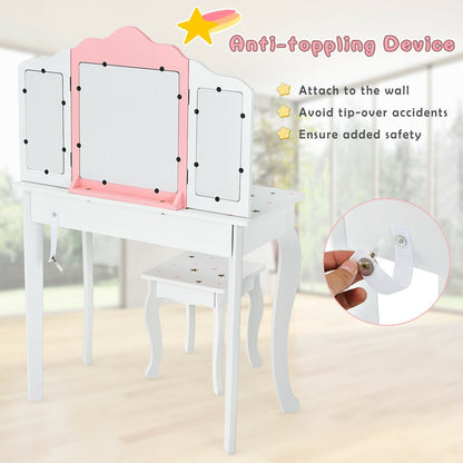 Kids Princess Vanity Table and Stool Set with Tri-folding Mirror and Drawer, White - Gallery Canada