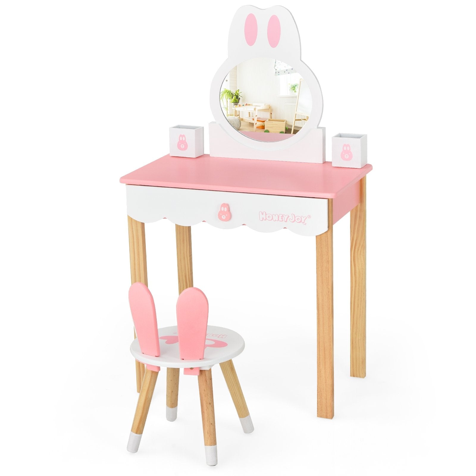 Kids Vanity Set Rabbit Makeup Dressing Table Chair Set with Mirror and Drawer, Pink Kids Vanities   at Gallery Canada