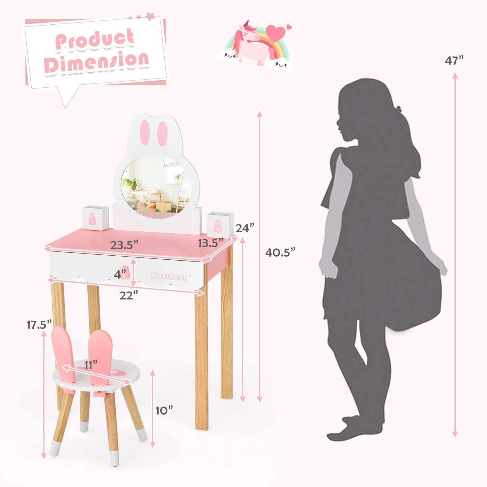 Kids Vanity Set Rabbit Makeup Dressing Table Chair Set with Mirror and Drawer, Pink Kids Vanities   at Gallery Canada