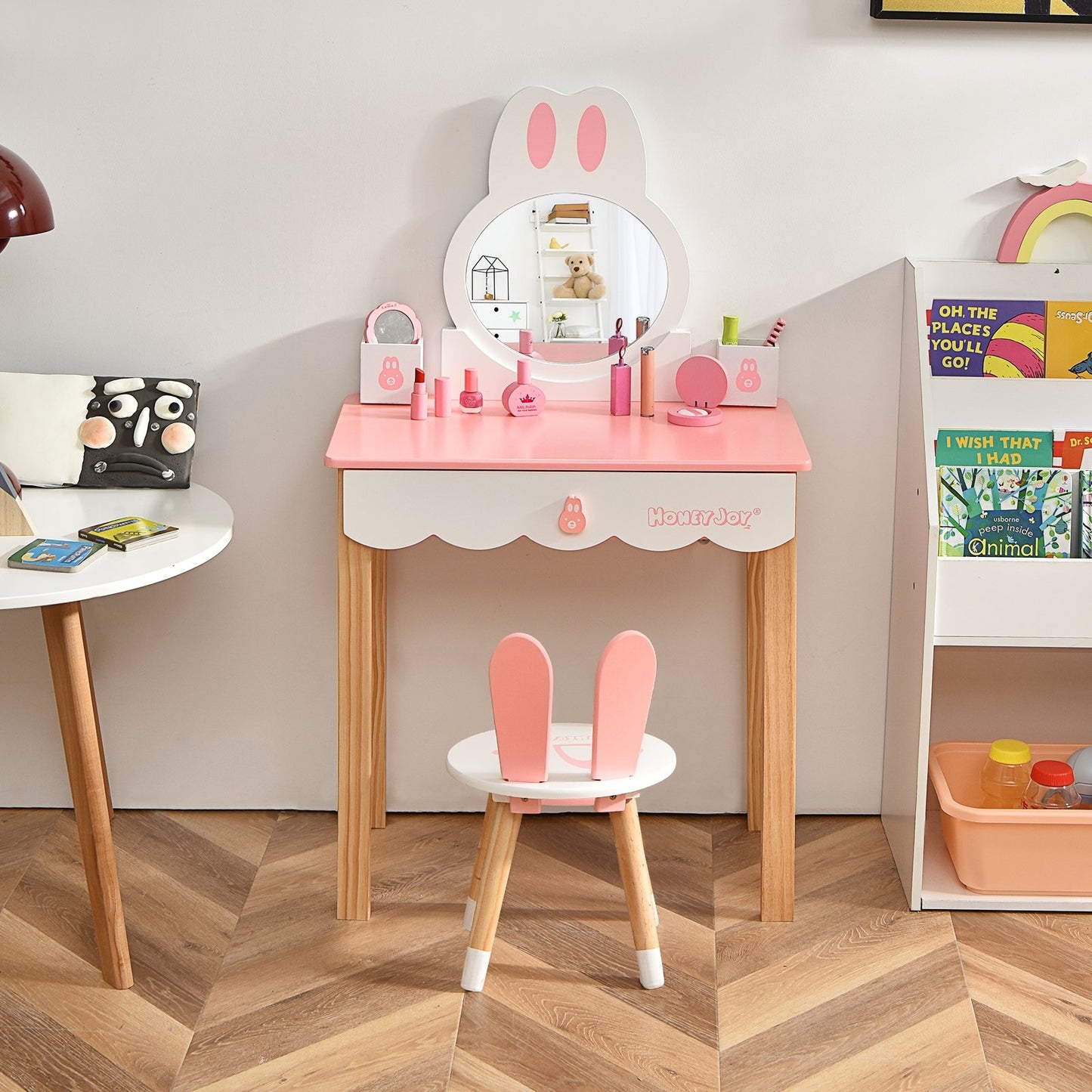 Kids Vanity Set Rabbit Makeup Dressing Table Chair Set with Mirror and Drawer, Pink Kids Vanities   at Gallery Canada