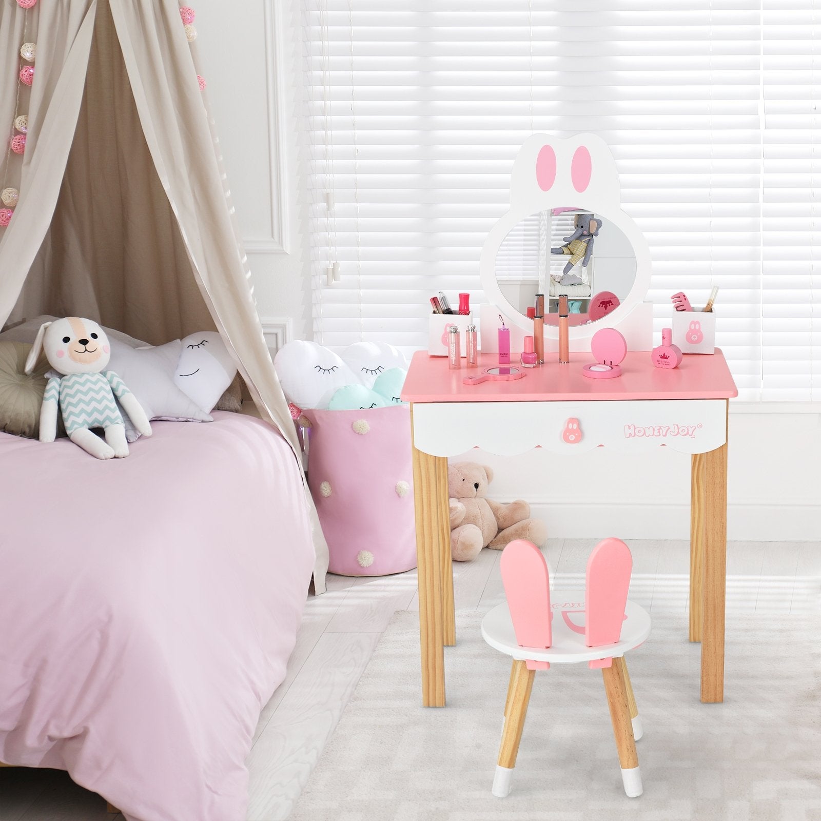 Kids Vanity Set Rabbit Makeup Dressing Table Chair Set with Mirror and Drawer, Pink Kids Vanities   at Gallery Canada