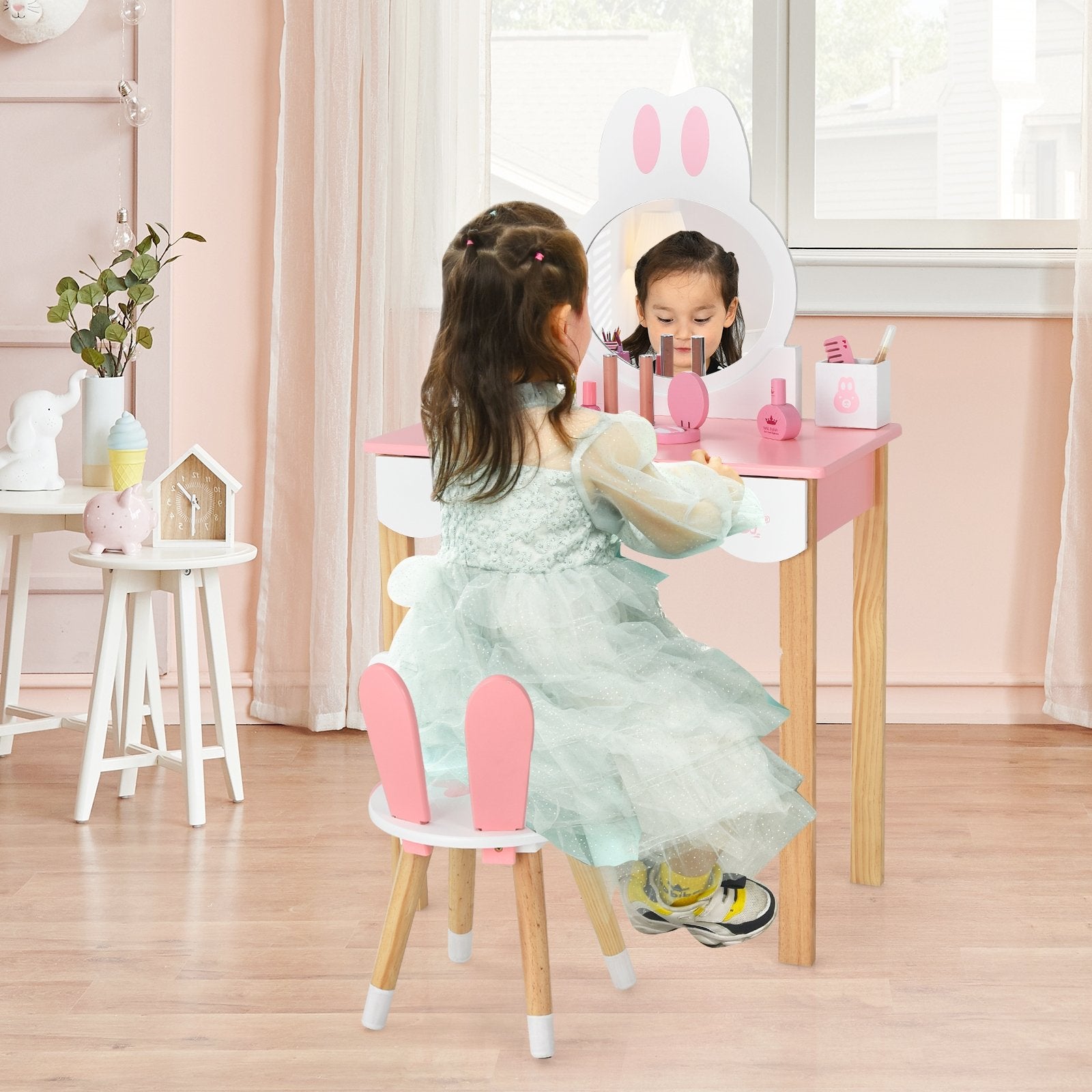 Kids Vanity Set Rabbit Makeup Dressing Table Chair Set with Mirror and Drawer, Pink Kids Vanities   at Gallery Canada