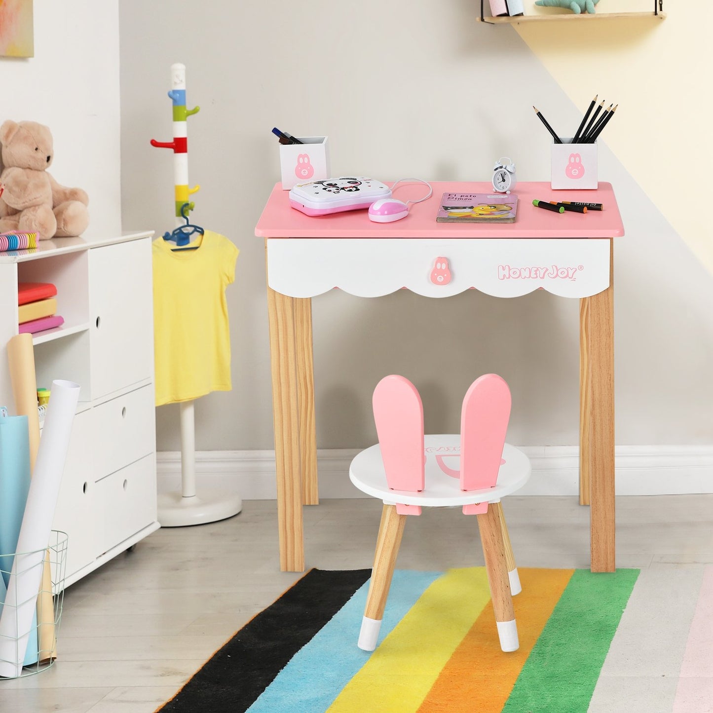 Kids Vanity Set Rabbit Makeup Dressing Table Chair Set with Mirror and Drawer, Pink Kids Vanities   at Gallery Canada