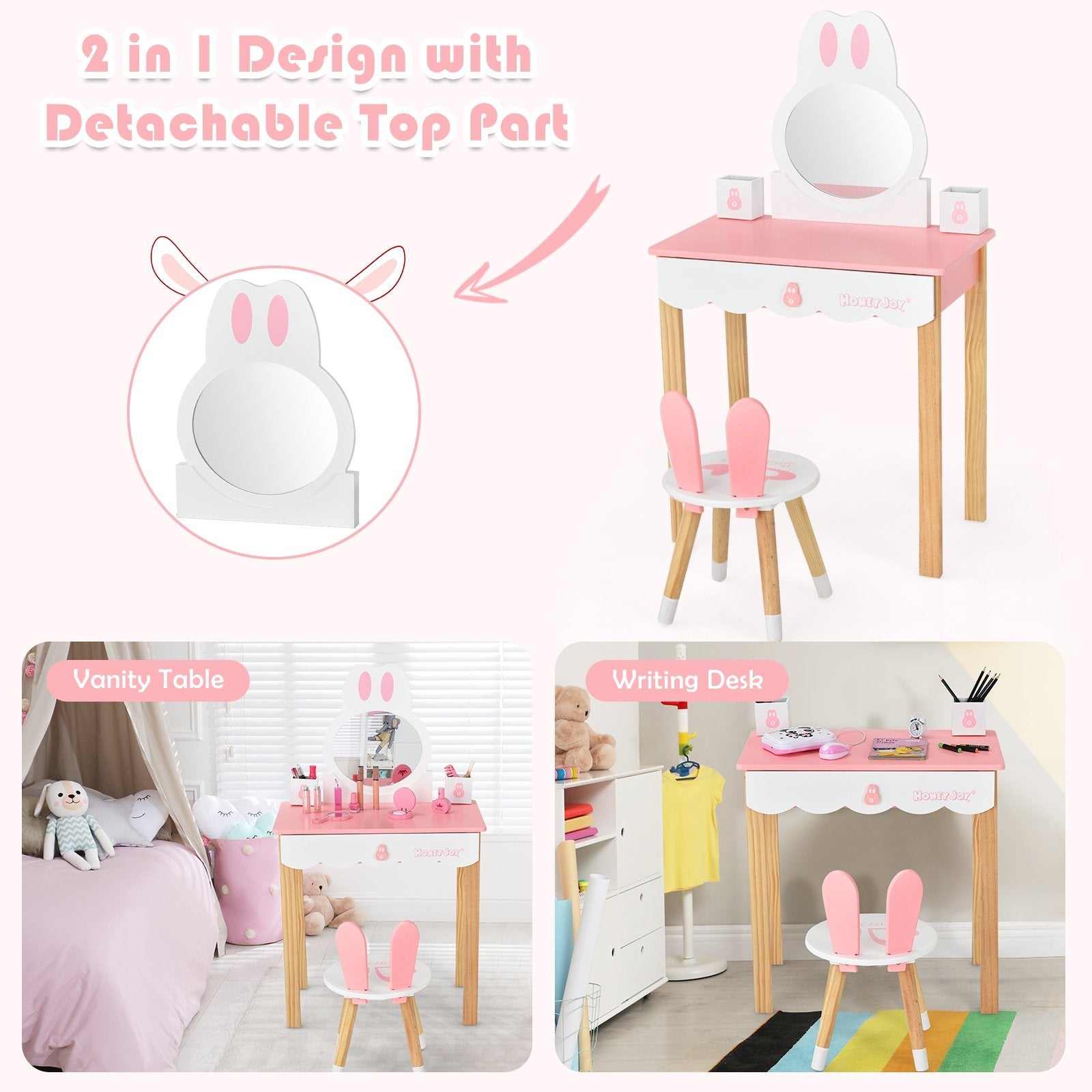 Kids Vanity Set Rabbit Makeup Dressing Table Chair Set with Mirror and Drawer, Pink Kids Vanities   at Gallery Canada