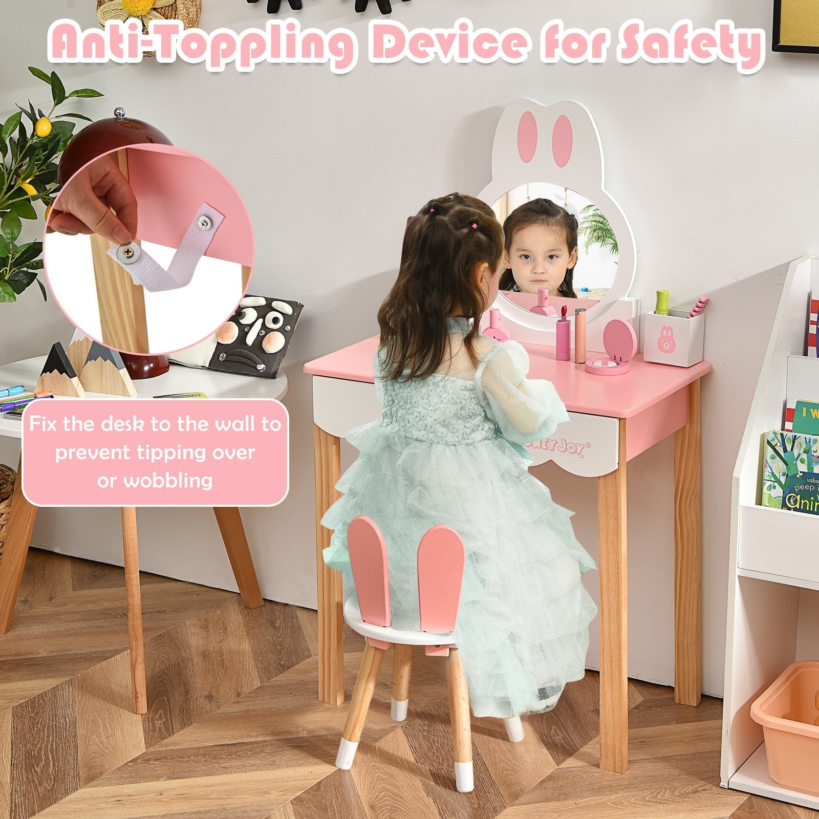 Kids Vanity Set Rabbit Makeup Dressing Table Chair Set with Mirror and Drawer, Pink Kids Vanities   at Gallery Canada