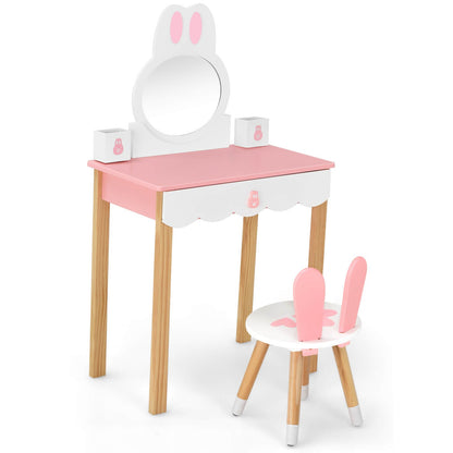 Kids Vanity Set Rabbit Makeup Dressing Table Chair Set with Mirror and Drawer, Pink Kids Vanities   at Gallery Canada