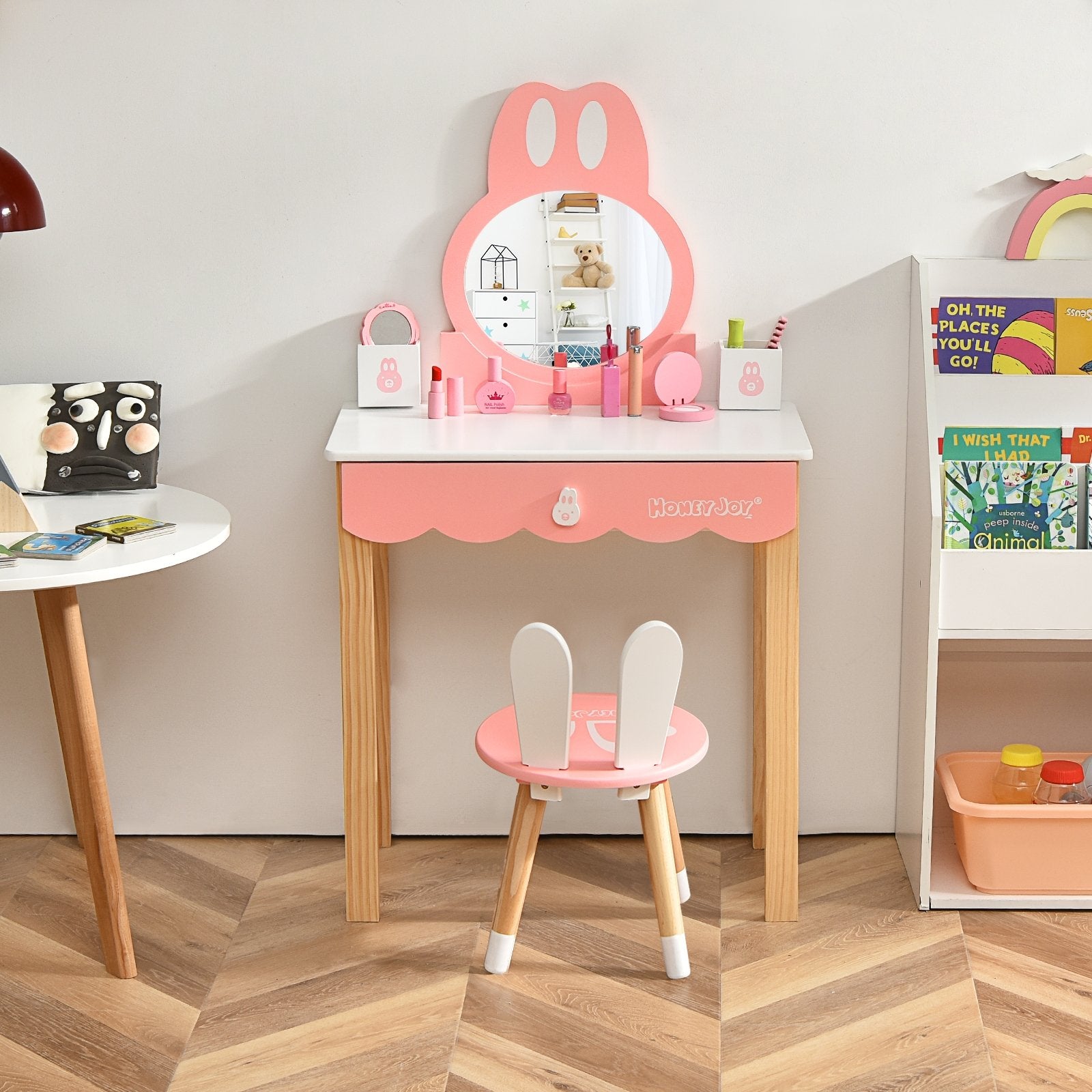 Kids Vanity Set Rabbit Makeup Dressing Table Chair Set with Mirror and Drawer, White Kids Vanities   at Gallery Canada