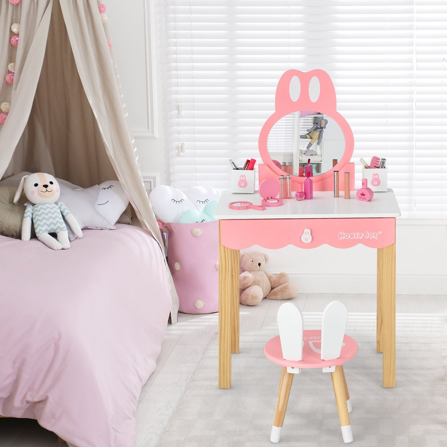 Kids Vanity Set Rabbit Makeup Dressing Table Chair Set with Mirror and Drawer, White Kids Vanities   at Gallery Canada