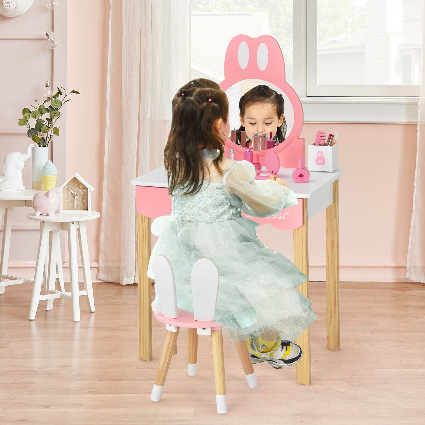 Kids Vanity Set Rabbit Makeup Dressing Table Chair Set with Mirror and Drawer, White Kids Vanities   at Gallery Canada