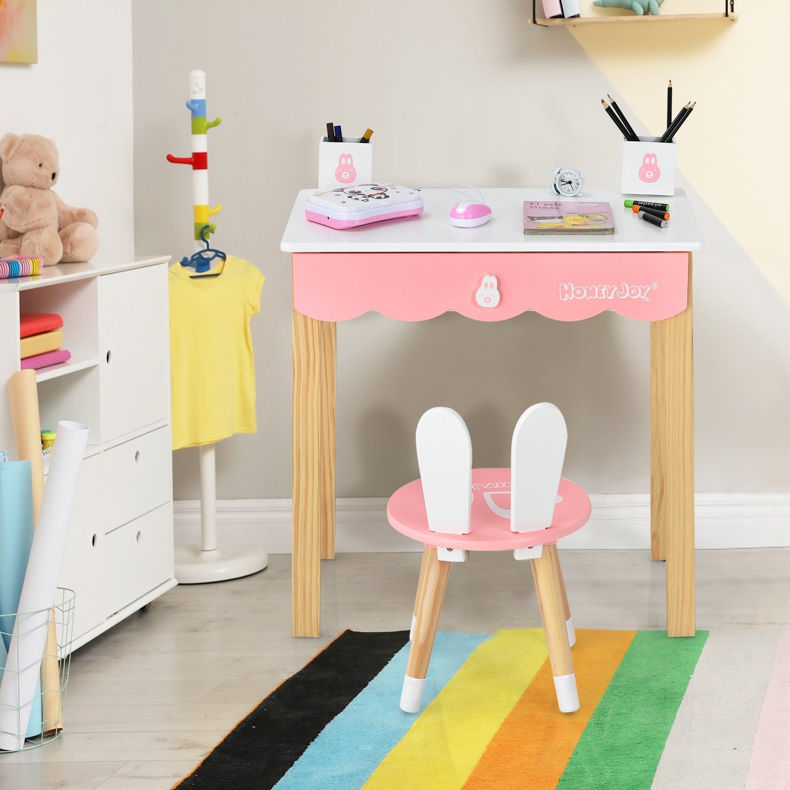 Kids Vanity Set Rabbit Makeup Dressing Table Chair Set with Mirror and Drawer, White Kids Vanities   at Gallery Canada