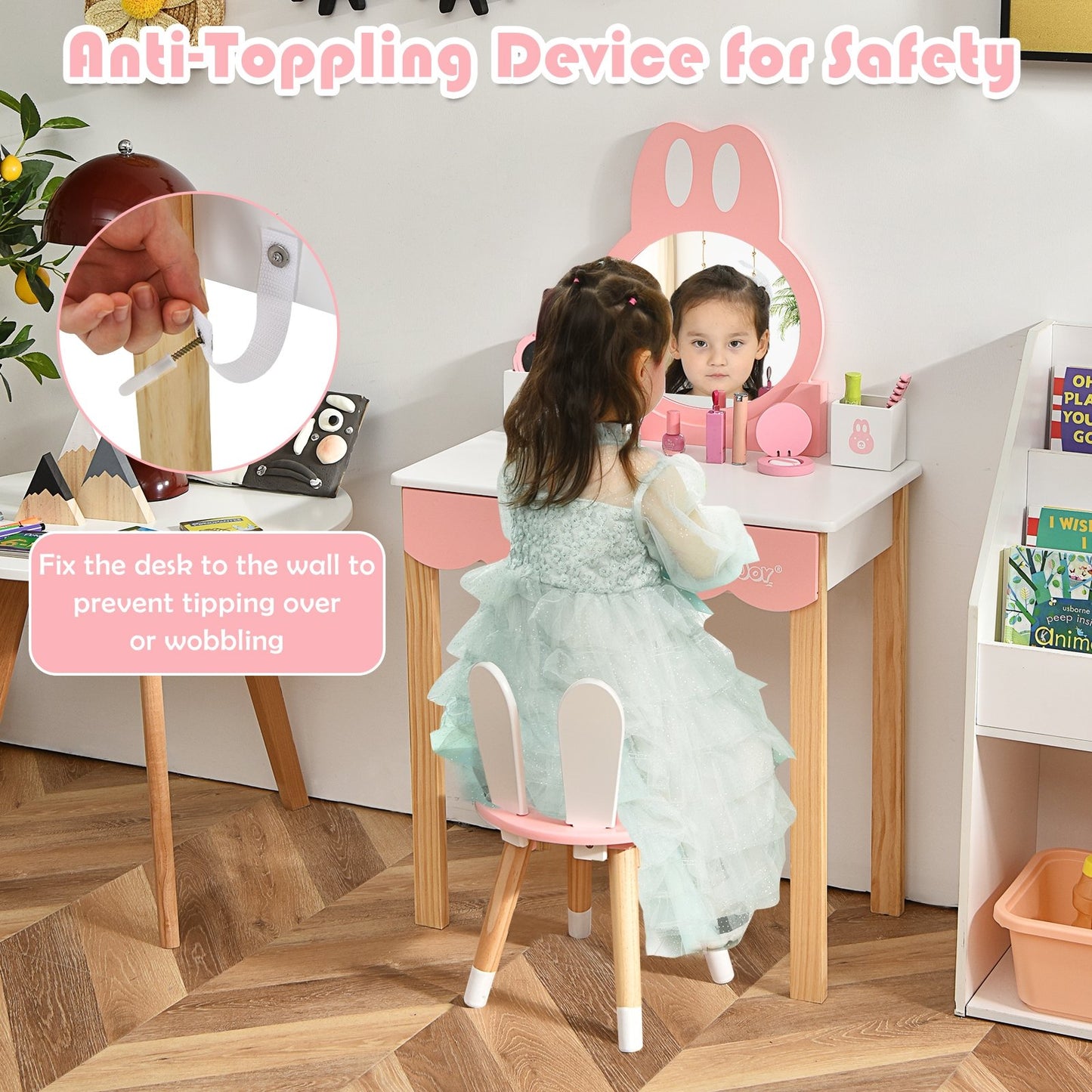 Kids Vanity Set Rabbit Makeup Dressing Table Chair Set with Mirror and Drawer, White Kids Vanities   at Gallery Canada