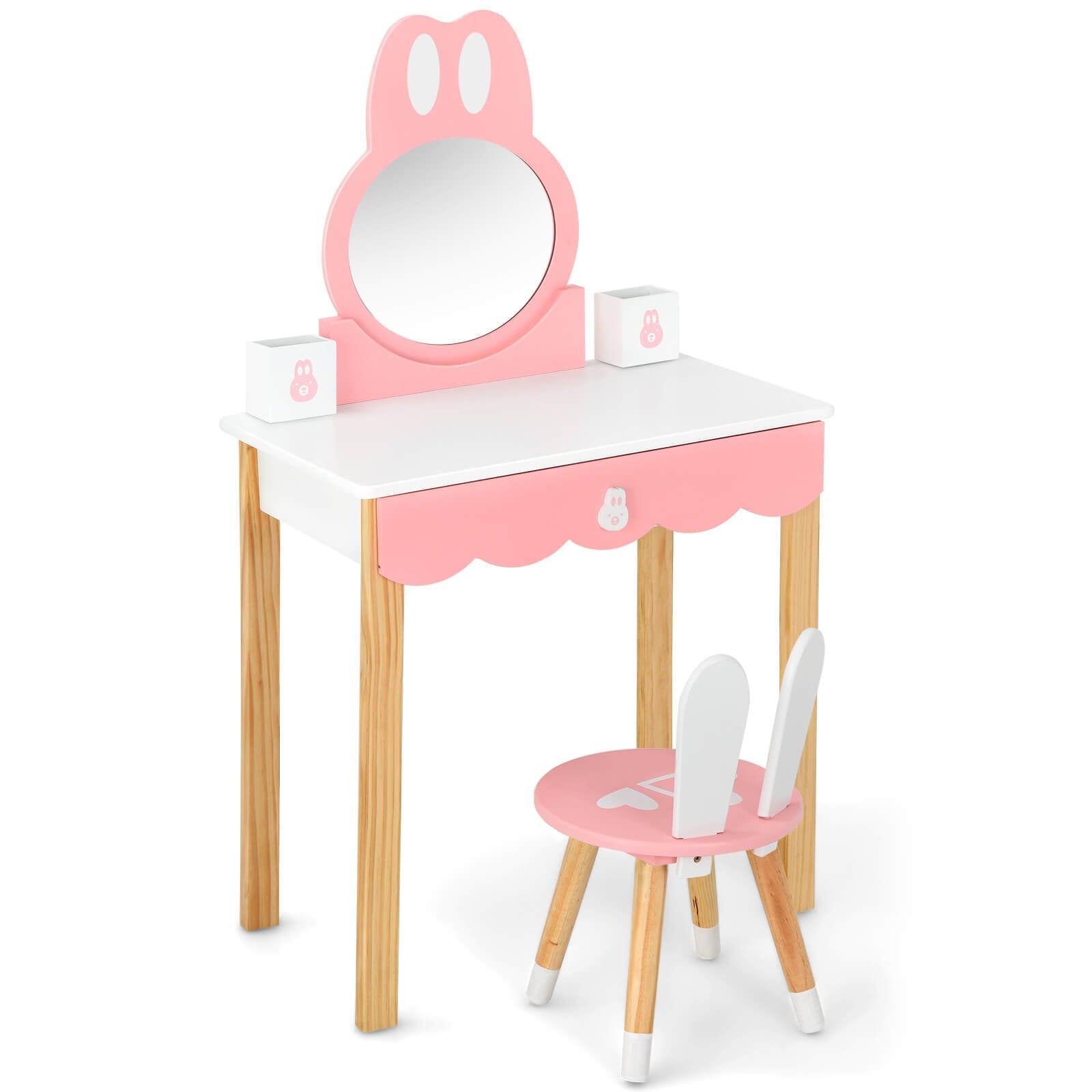 Kids Vanity Set Rabbit Makeup Dressing Table Chair Set with Mirror and Drawer, White Kids Vanities   at Gallery Canada