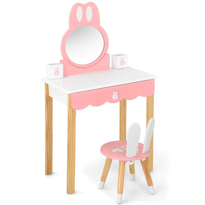 Kids Vanity Set Rabbit Makeup Dressing Table Chair Set with Mirror and Drawer, White Kids Vanities   at Gallery Canada