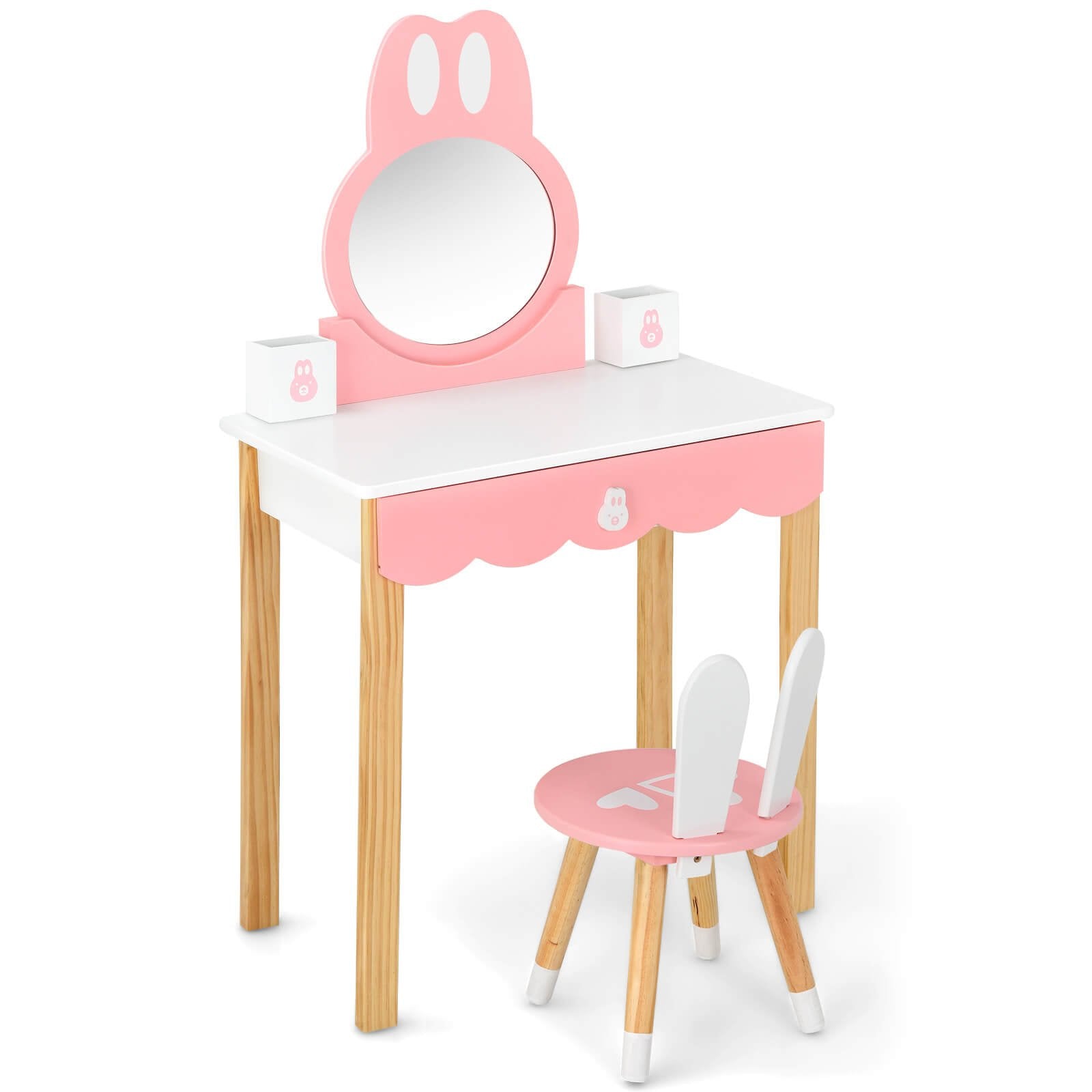 Kids Vanity Set Rabbit Makeup Dressing Table Chair Set with Mirror and Drawer, White Kids Vanities White at Gallery Canada