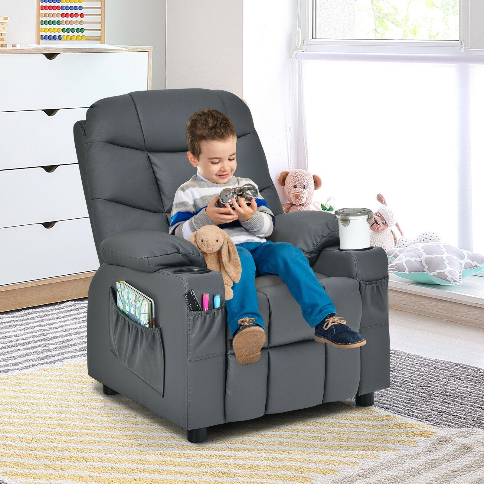 Kids Recliner Chair with Cup Holder and Footrest for Children, Gray Kids Chairs & Seating   at Gallery Canada