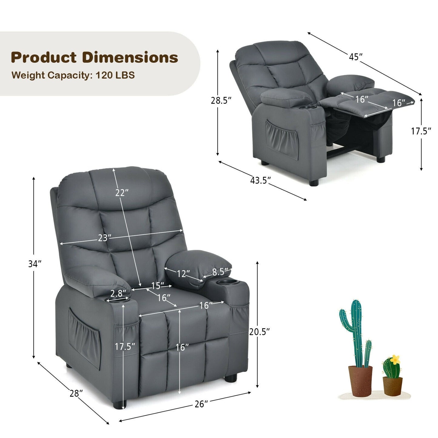 Kids Recliner Chair with Cup Holder and Footrest for Children, Gray Kids Chairs & Seating   at Gallery Canada