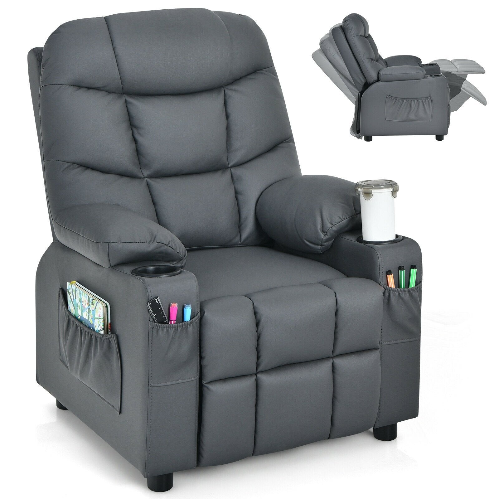 Kids Recliner Chair with Cup Holder and Footrest for Children, Gray Kids Chairs & Seating   at Gallery Canada