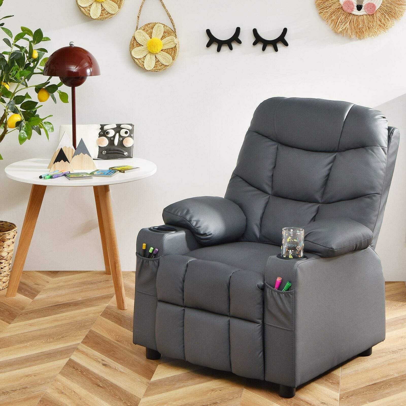 Kids Recliner Chair with Cup Holder and Footrest for Children, Gray - Gallery Canada