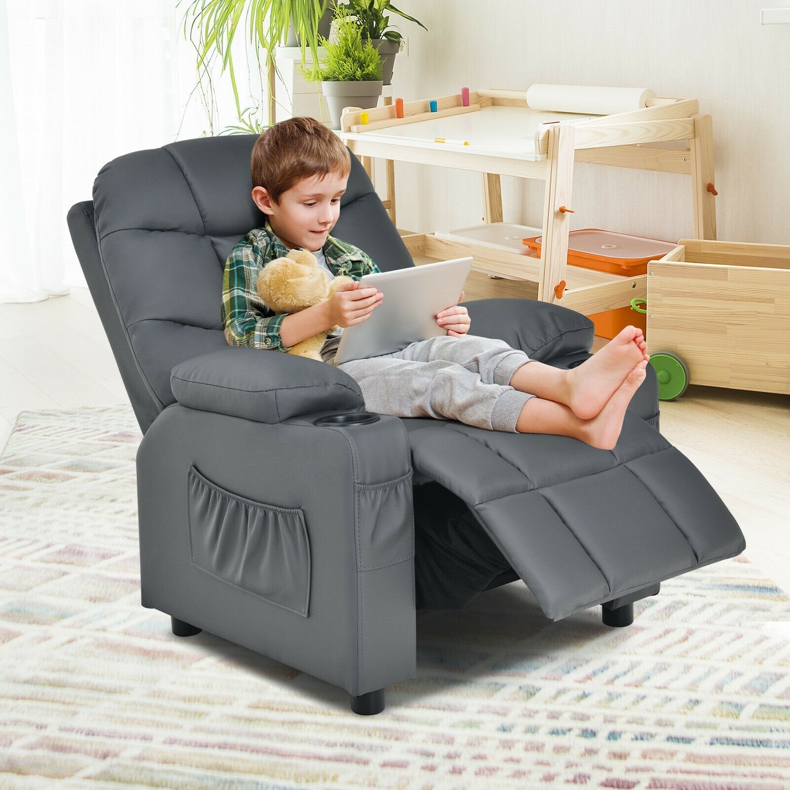 Kids Recliner Chair with Cup Holder and Footrest for Children, Gray Kids Chairs & Seating   at Gallery Canada