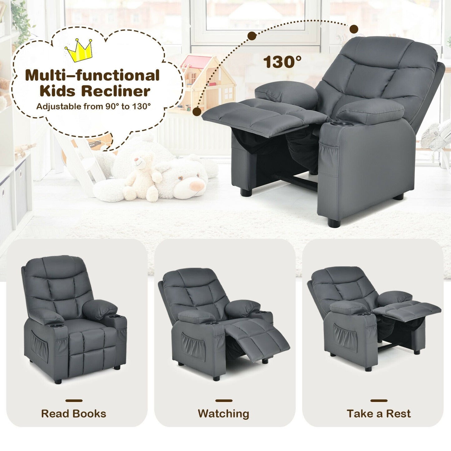 Kids Recliner Chair with Cup Holder and Footrest for Children, Gray - Gallery Canada