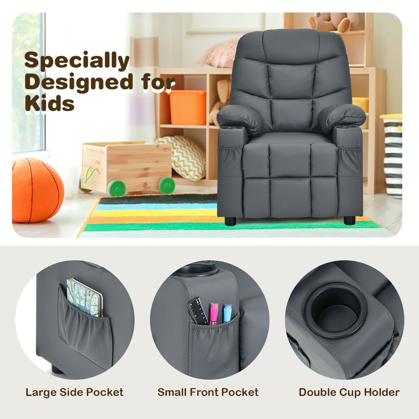 Kids Recliner Chair with Cup Holder and Footrest for Children, Gray Kids Chairs & Seating   at Gallery Canada