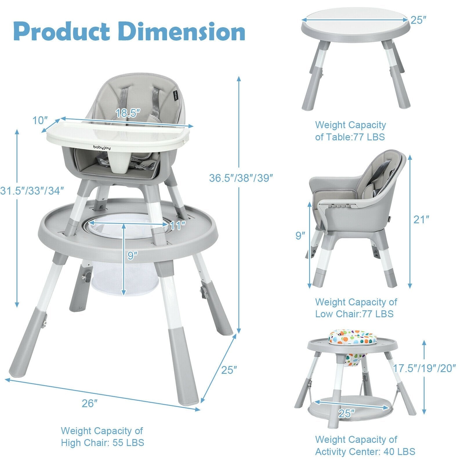 6-in-1 Baby High Chair Infant Activity Center with Height Adjustment, Gray - Gallery Canada
