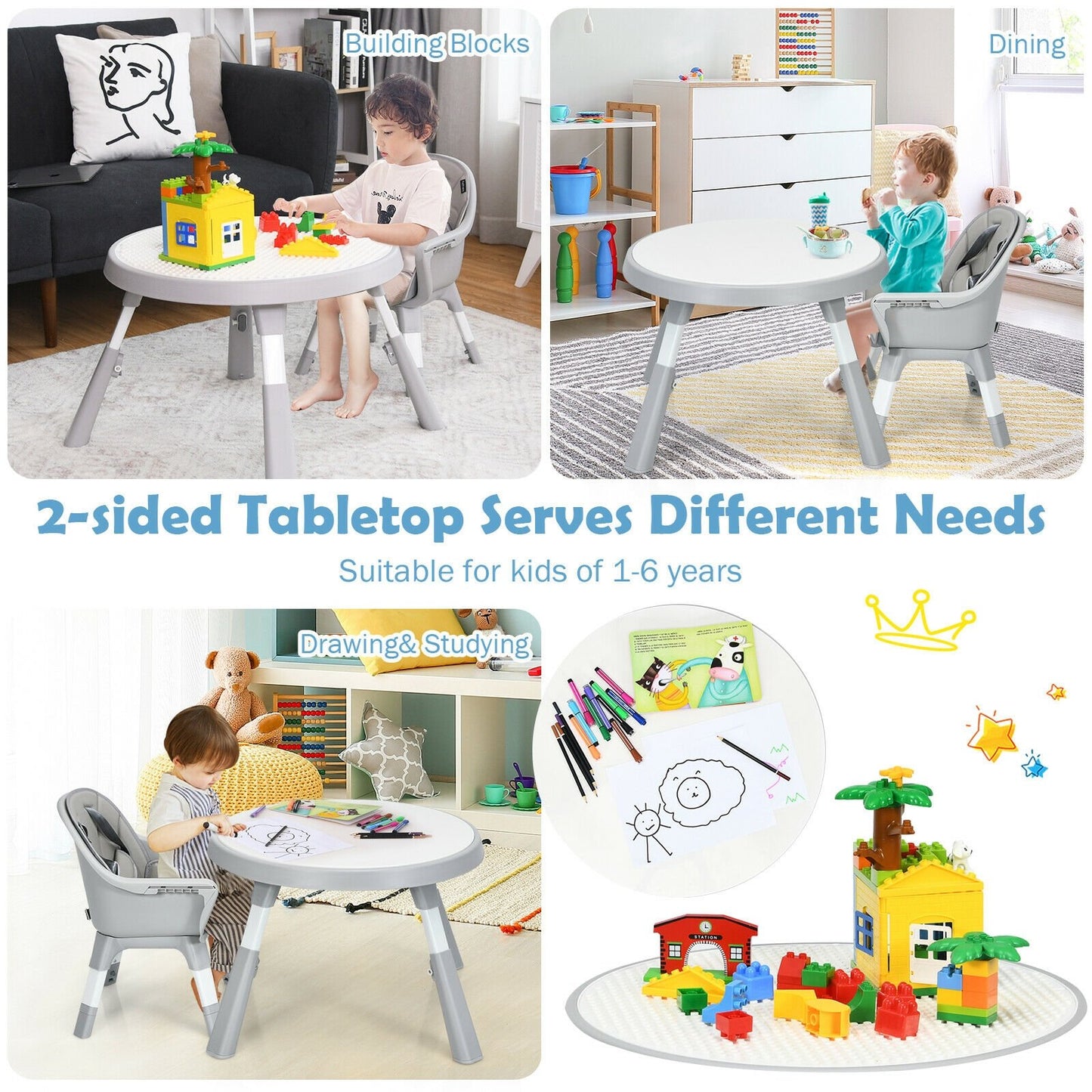 6-in-1 Baby High Chair Infant Activity Center with Height Adjustment, Gray High Chairs   at Gallery Canada