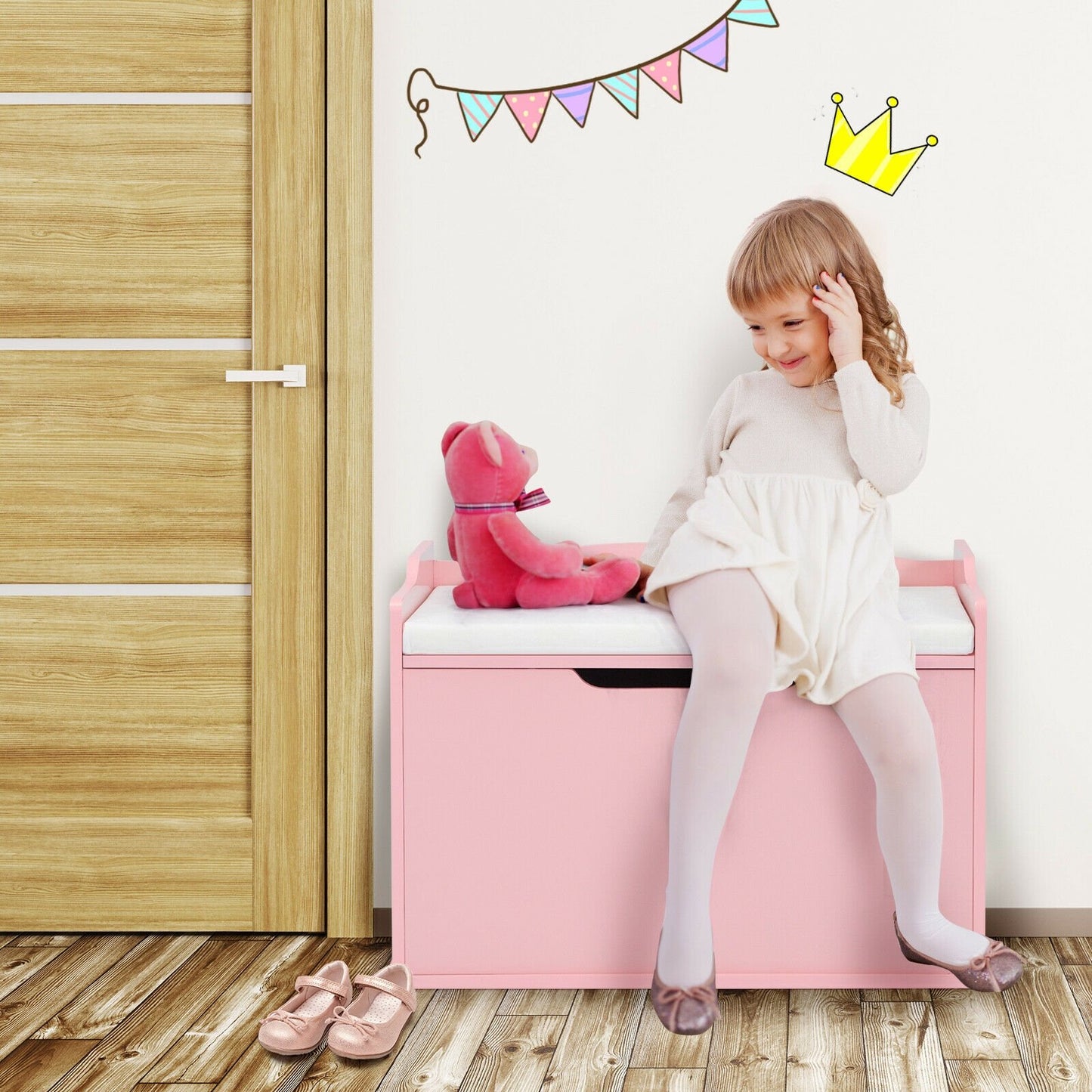 Kids Toy Wooden Flip-top Storage Box Chest Bench with Cushion Hinge, Pink - Gallery Canada