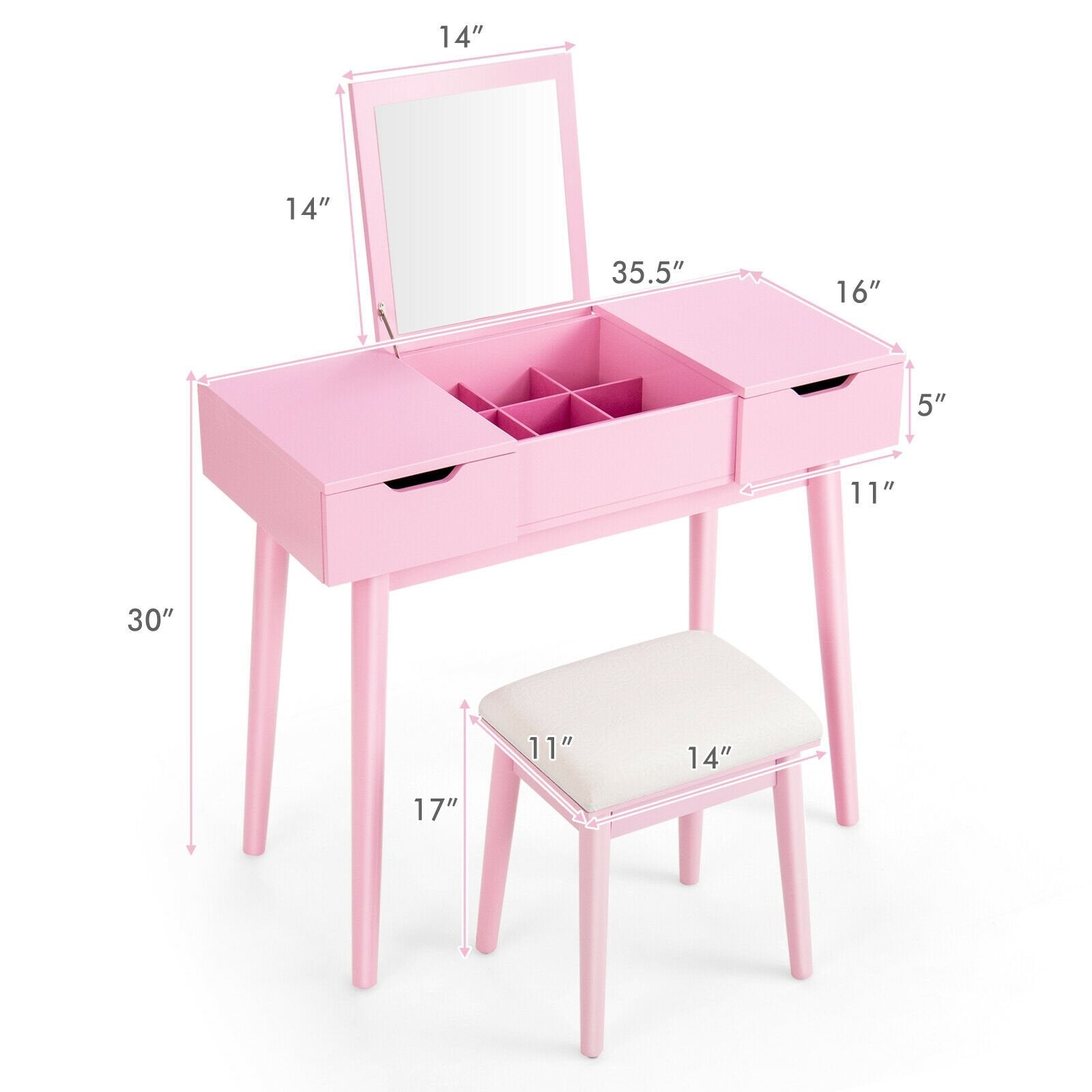 Makeup Vanity Table Set with Flip Top Mirror and 2 Drawers, Pink - Gallery Canada