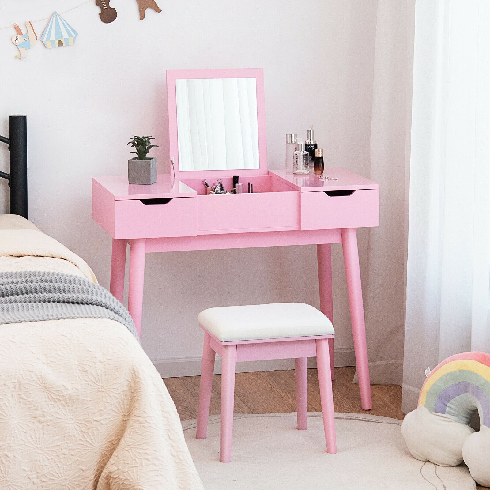 Makeup Vanity Table Set with Flip Top Mirror and 2 Drawers, Pink - Gallery Canada