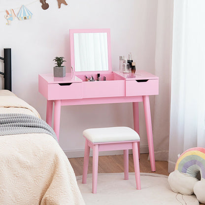 Makeup Vanity Table Set with Flip Top Mirror and 2 Drawers, Pink Makeup Vanities   at Gallery Canada