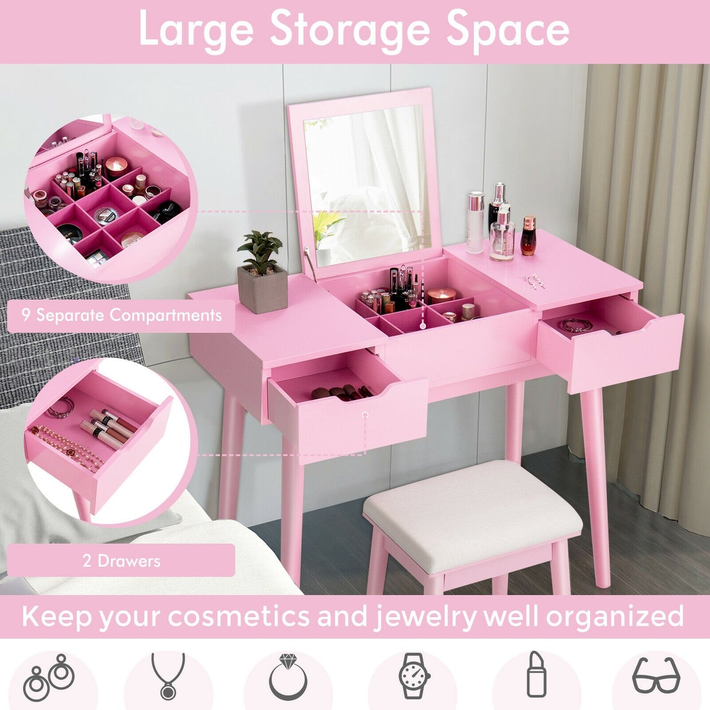 Makeup Vanity Table Set with Flip Top Mirror and 2 Drawers, Pink - Gallery Canada