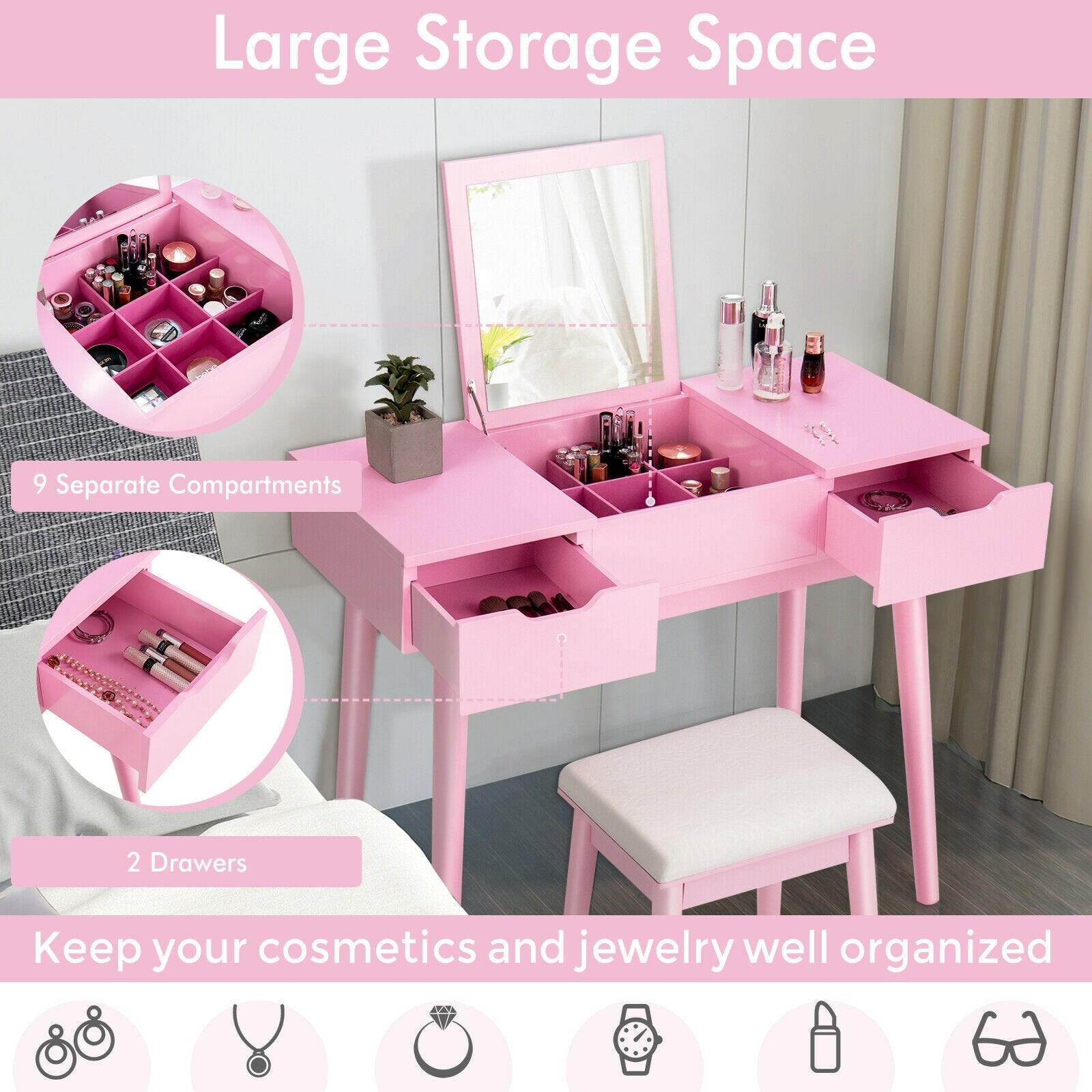 Makeup Vanity Table Set with Flip Top Mirror and 2 Drawers, Pink Makeup Vanities   at Gallery Canada