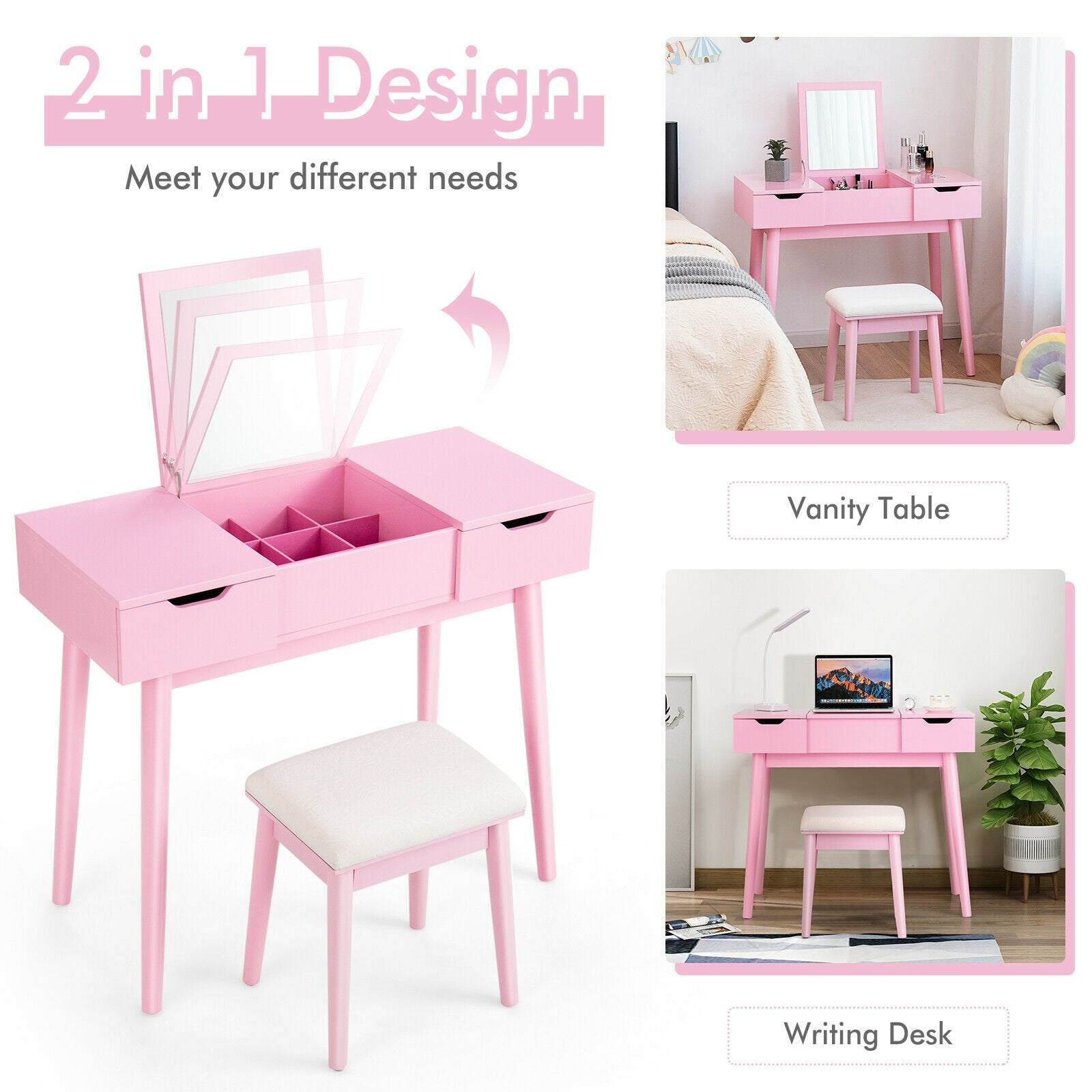 Makeup Vanity Table Set with Flip Top Mirror and 2 Drawers, Pink Makeup Vanities   at Gallery Canada