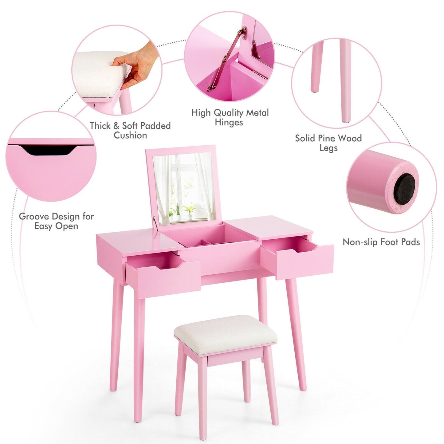 Makeup Vanity Table Set with Flip Top Mirror and 2 Drawers, Pink Makeup Vanities   at Gallery Canada