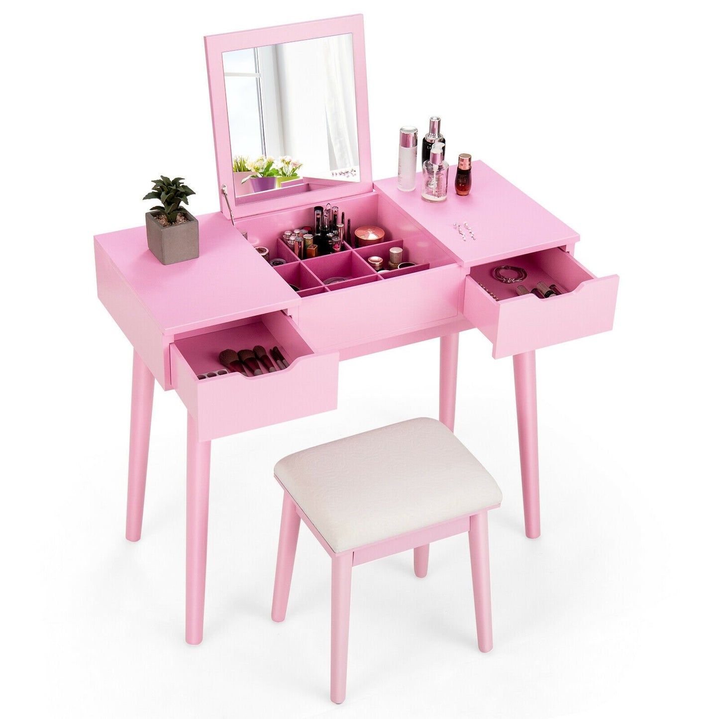 Makeup Vanity Table Set with Flip Top Mirror and 2 Drawers, Pink - Gallery Canada