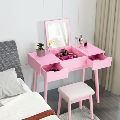 Makeup Vanity Table Set with Flip Top Mirror and 2 Drawers, Pink Makeup Vanities   at Gallery Canada