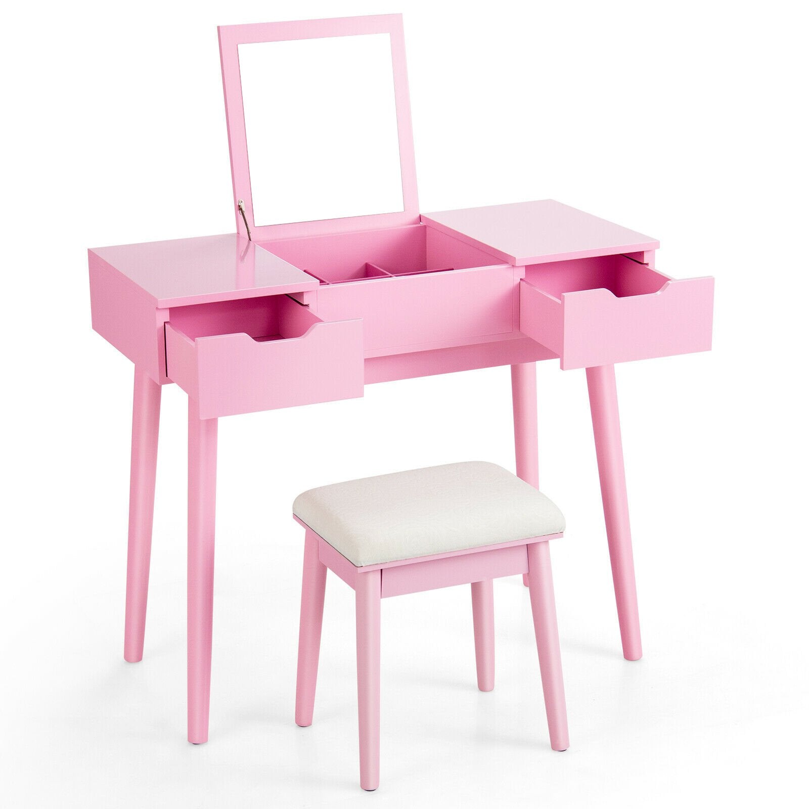 Makeup Vanity Table Set with Flip Top Mirror and 2 Drawers, Pink Makeup Vanities   at Gallery Canada